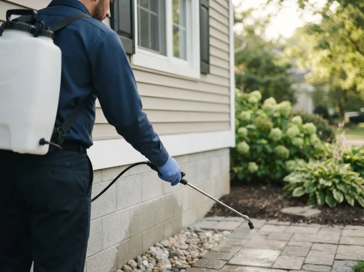 Pest control technician inspecting a home in Marlette, MI